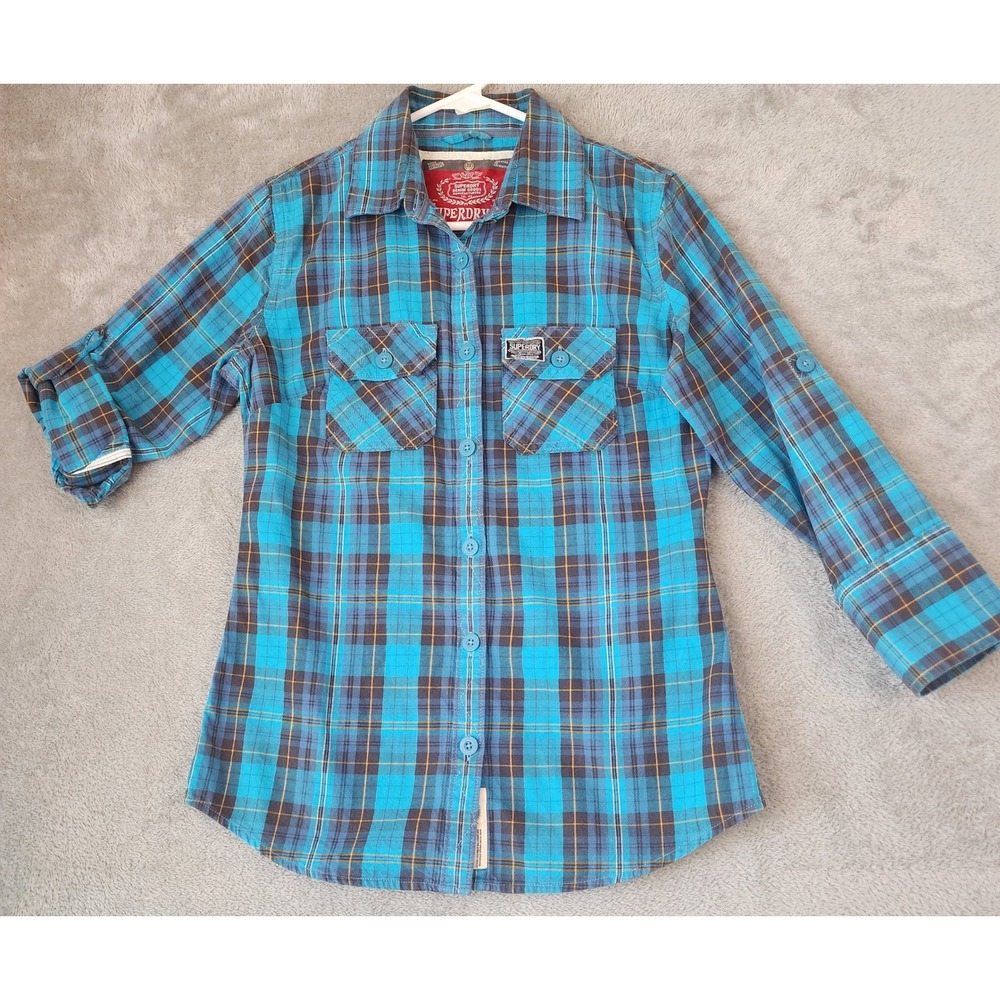 Superdry Co Shirt Womens Small Turquoise Plaid Roll Tab Button Down Flannel